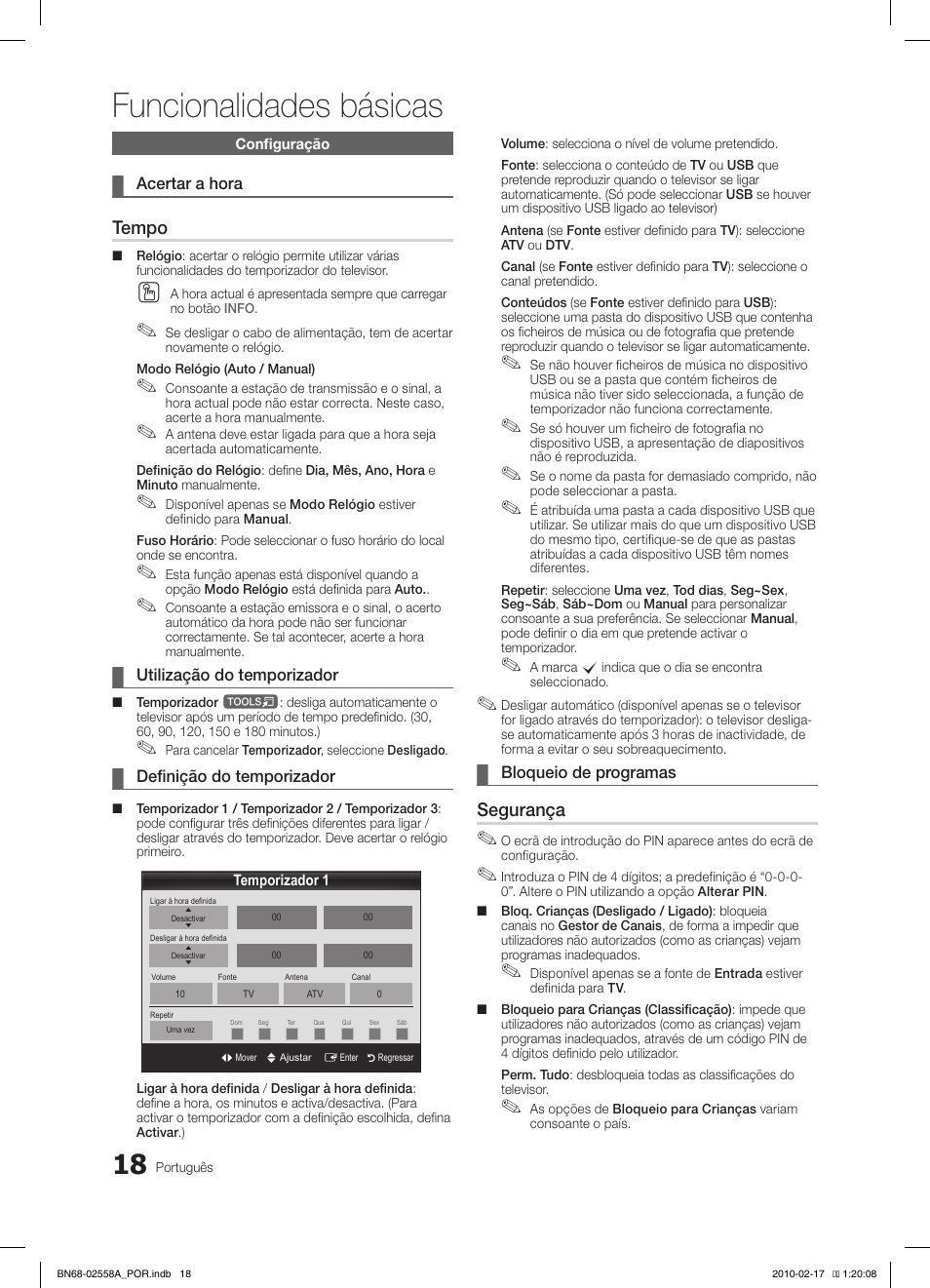 Funcionalidades básicas, Tempo, Segurança | Samsung LE32C652L2W User Manual | Page 180 / 326