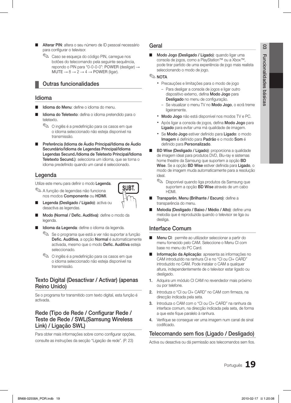 Outras funcionalidades ¦ idioma, Legenda, Geral | Interface comum, Telecomando sem fios (ligado / desligado) | Samsung LE32C652L2W User Manual | Page 181 / 326