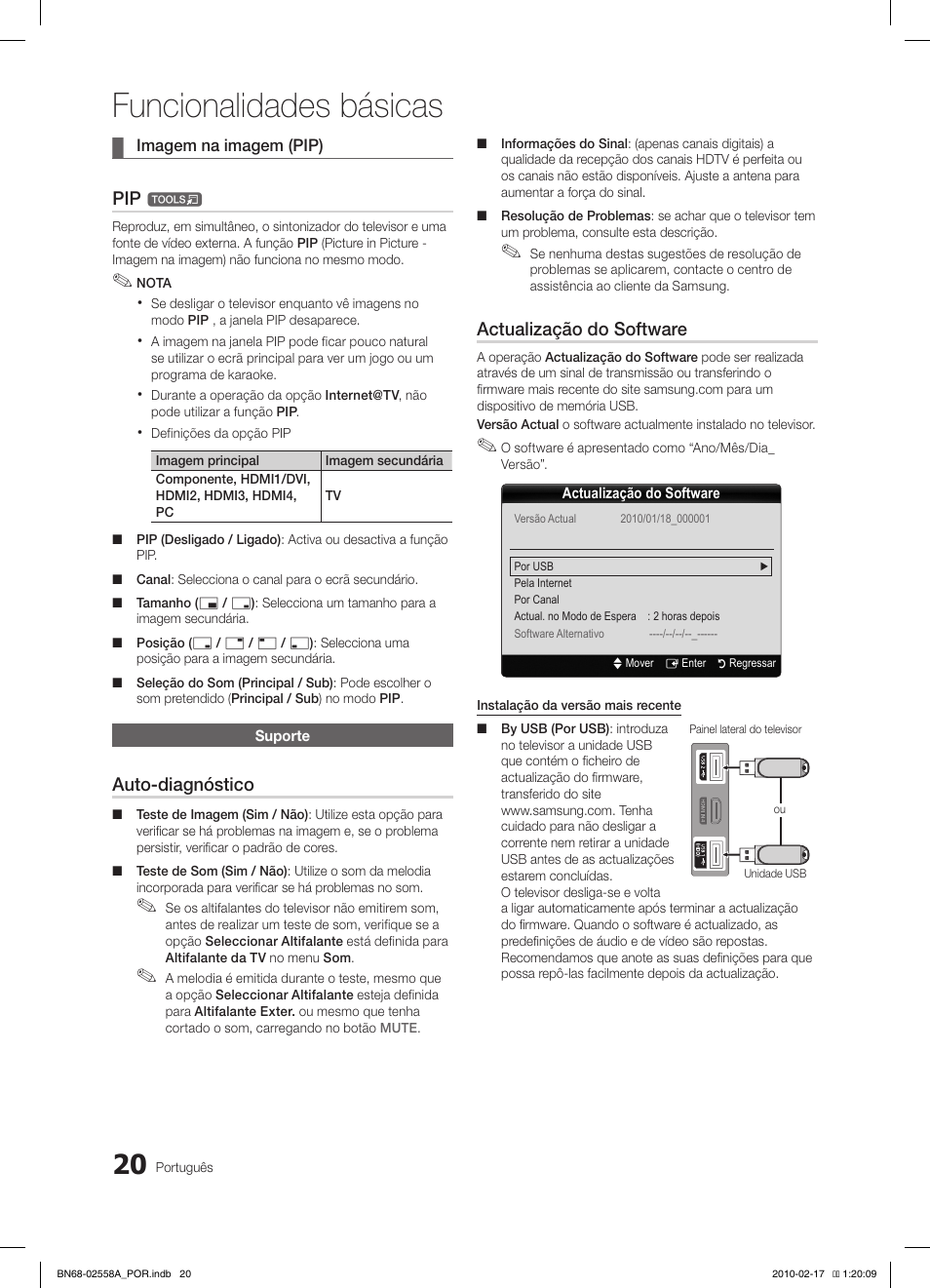 Funcionalidades básicas, Auto-diagnóstico, Actualização do software | Samsung LE32C652L2W User Manual | Page 182 / 326