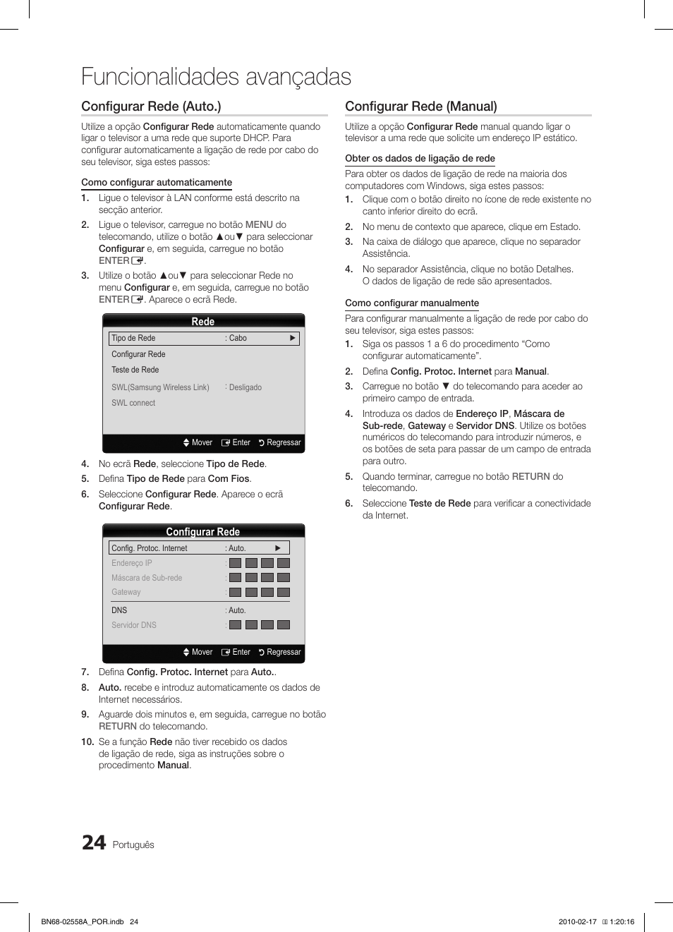 Funcionalidades avançadas, Configurar rede (auto.), Configurar rede (manual) | Samsung LE32C652L2W User Manual | Page 186 / 326