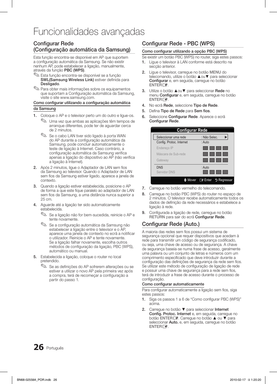Funcionalidades avançadas, Configurar rede - pbc (wps), Configurar rede (auto.) | Samsung LE32C652L2W User Manual | Page 188 / 326