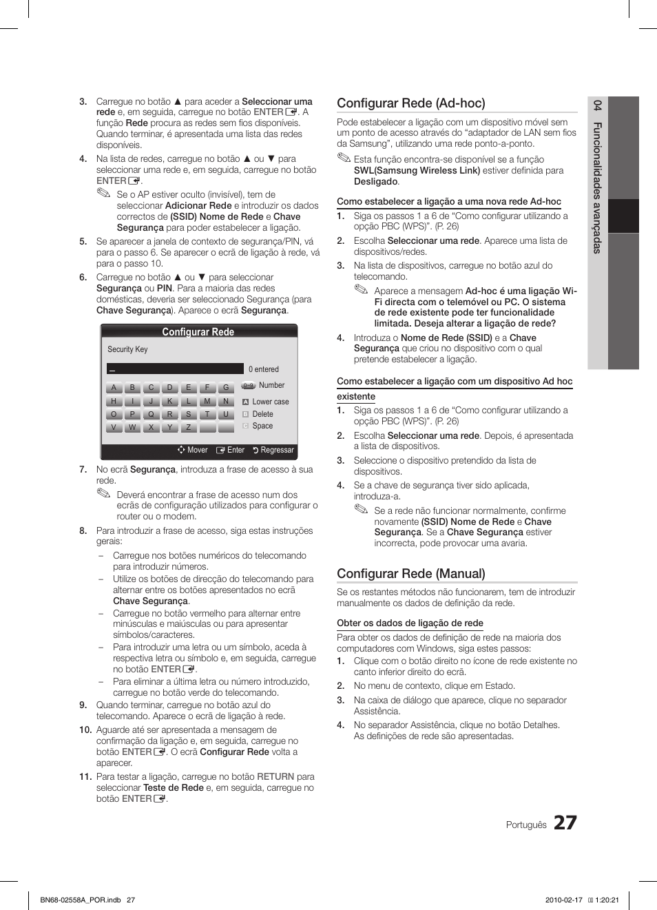 Configurar rede (ad-hoc), Configurar rede (manual) | Samsung LE32C652L2W User Manual | Page 189 / 326