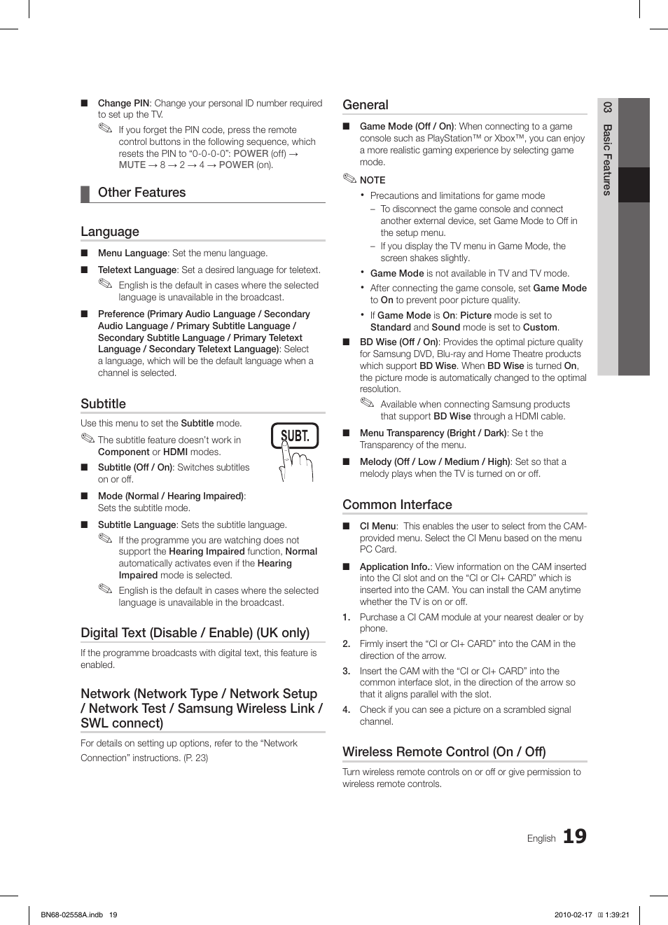 Other features ¦ language, Subtitle, Digital text (disable / enable) (uk only) | General, Common interface, Wireless remote control (on / off) | Samsung LE32C652L2W User Manual | Page 19 / 326