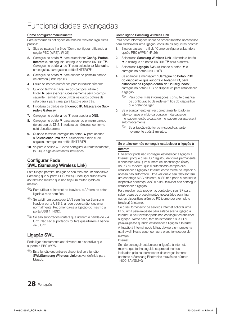 Funcionalidades avançadas, Configurar rede swl (samsung wireless link), Ligação swl | Samsung LE32C652L2W User Manual | Page 190 / 326