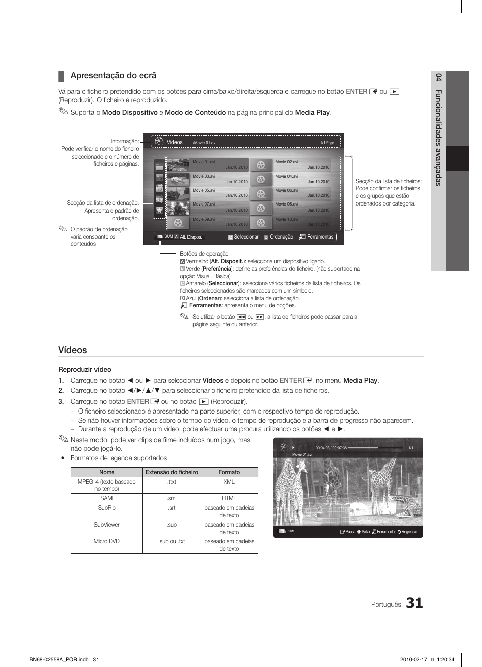 Vídeos, Apresentação do ecrã | Samsung LE32C652L2W User Manual | Page 193 / 326