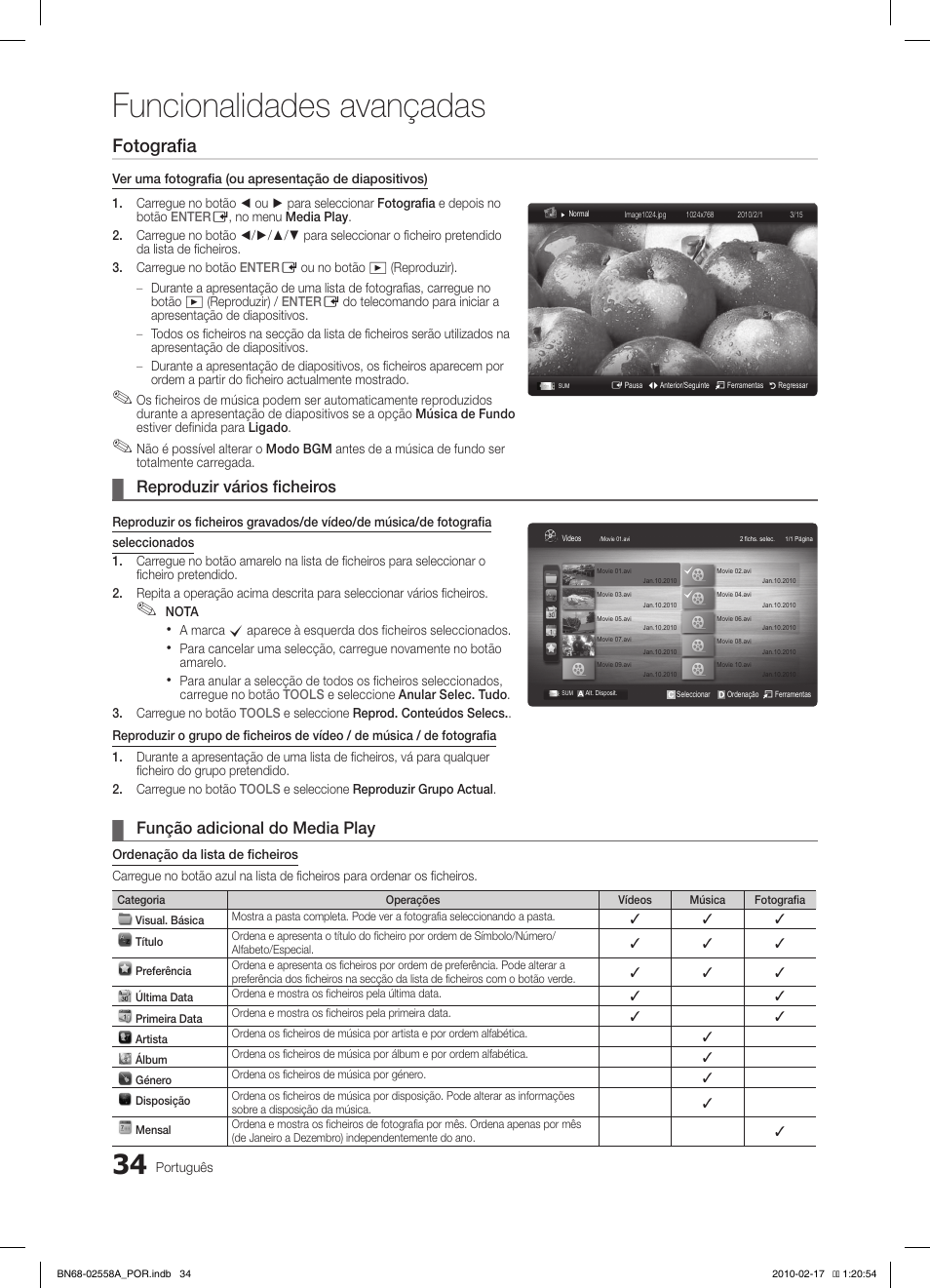 Funcionalidades avançadas, Fotografia, Reproduzir vários ficheiros | Função adicional do media play | Samsung LE32C652L2W User Manual | Page 196 / 326