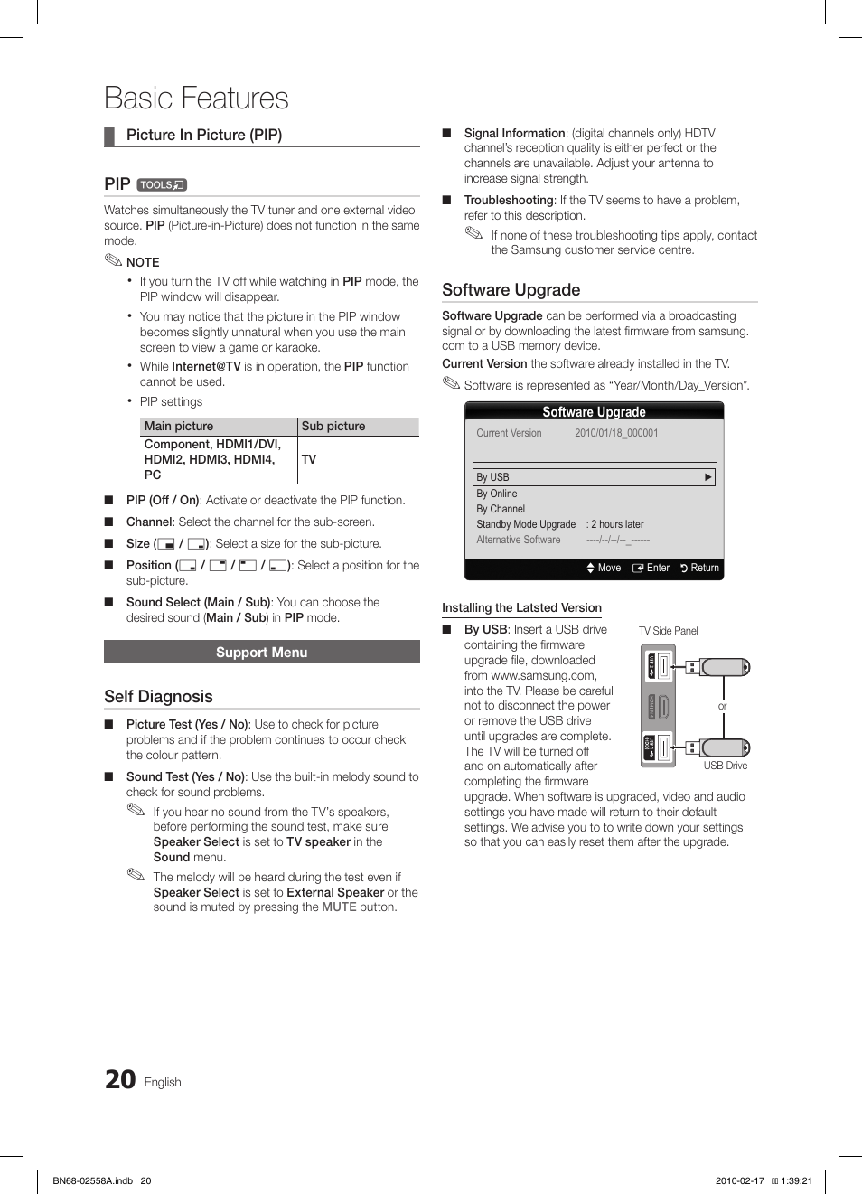 Basic features, Self diagnosis, Software upgrade | Samsung LE32C652L2W User Manual | Page 20 / 326