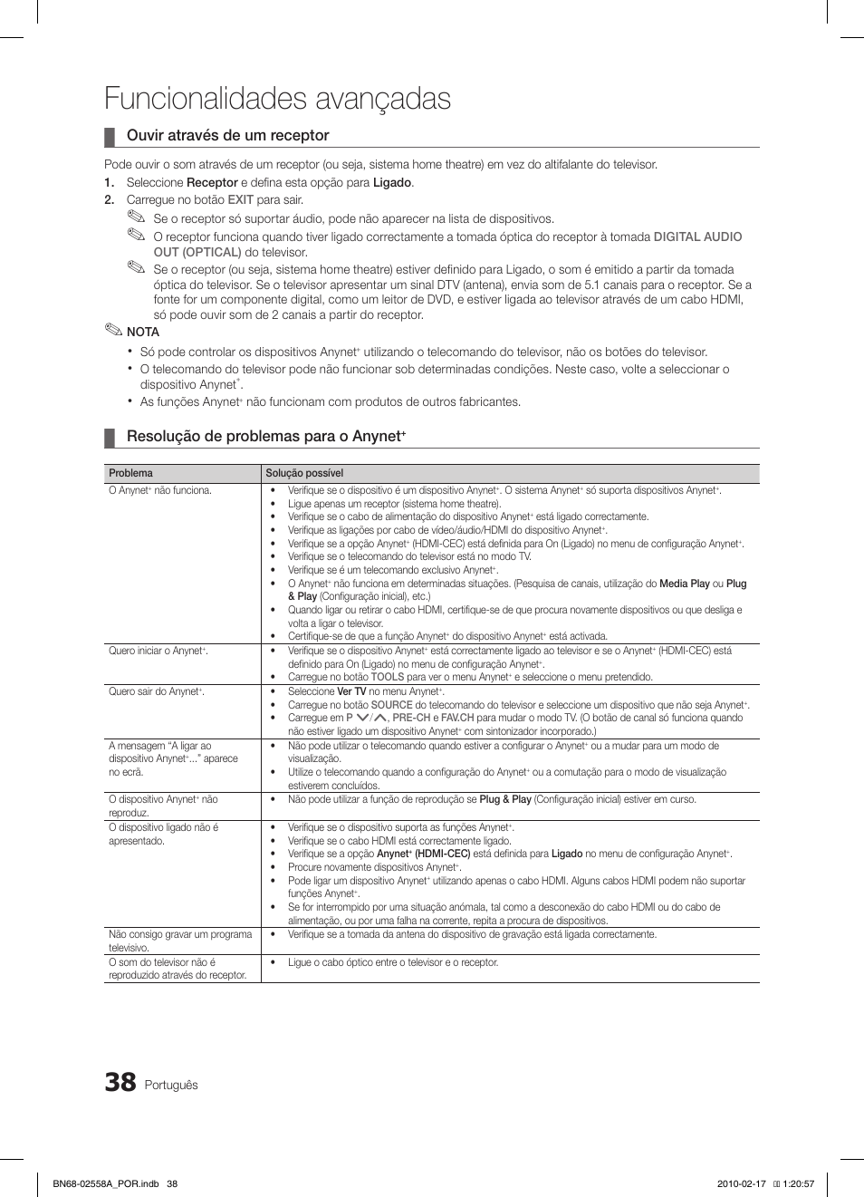 Funcionalidades avançadas, Ouvir através de um receptor, Resolução de problemas para o anynet | Samsung LE32C652L2W User Manual | Page 200 / 326