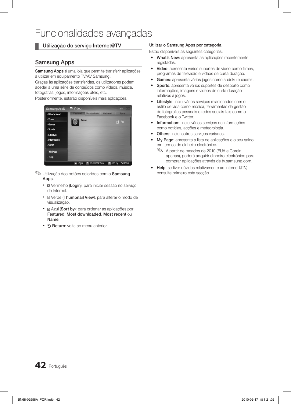 Funcionalidades avançadas, Samsung apps, Utilização do serviço internet@tv | Samsung LE32C652L2W User Manual | Page 204 / 326