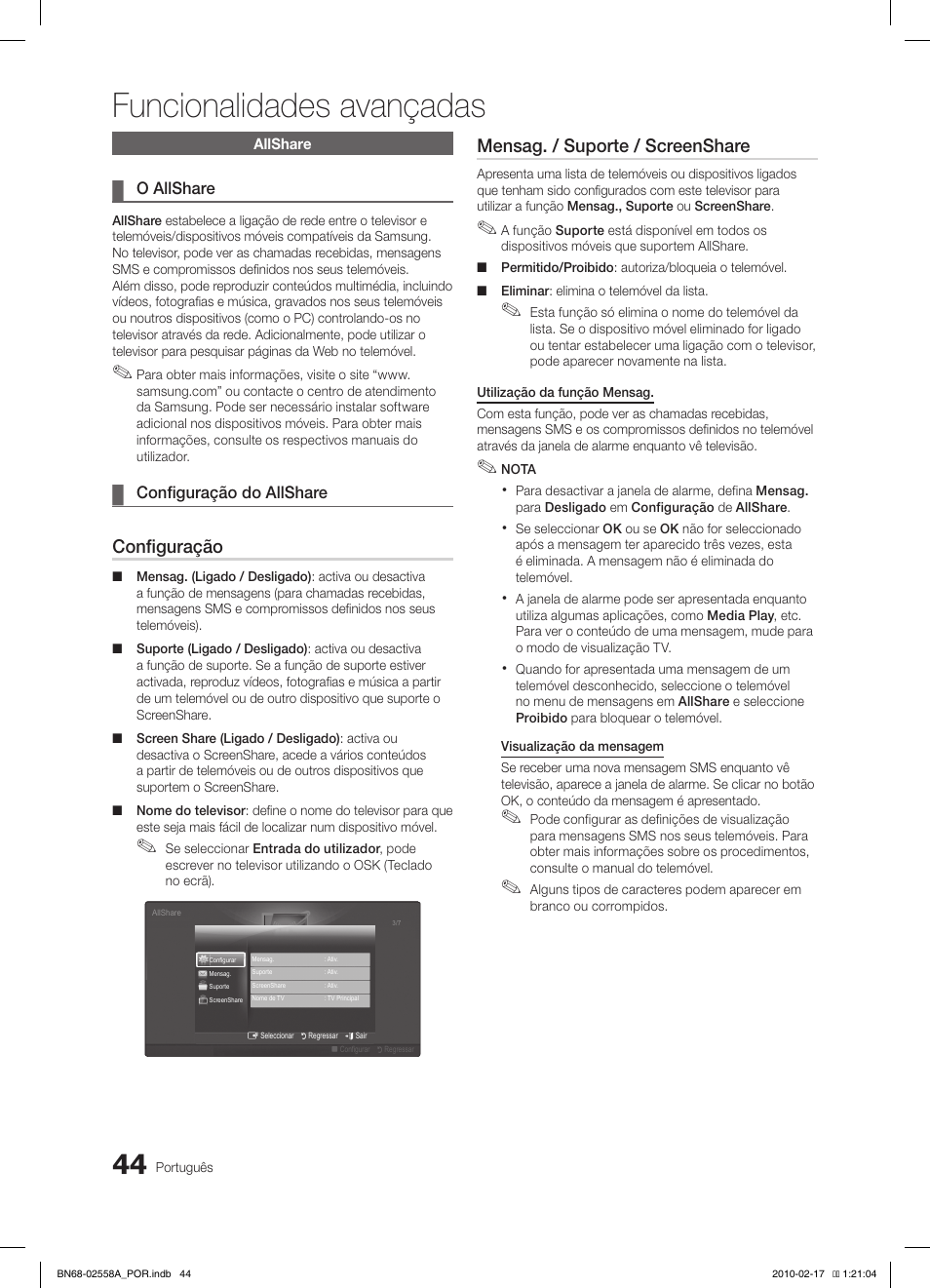 Funcionalidades avançadas, Configuração, Mensag. / suporte / screenshare | Samsung LE32C652L2W User Manual | Page 206 / 326