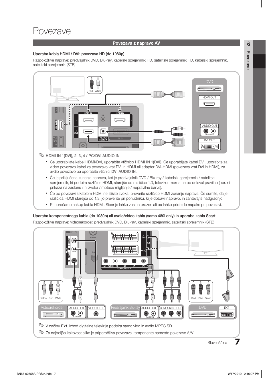 Povezave, 02 povezave, Povezava z napravo av | Slovenščina, Če uporabljate kabel hdmi/dvi, uporabite vtičnico, Dvd predvajalnik blu-ray dvd videorekorder | Samsung LE32C652L2W User Manual | Page 223 / 326