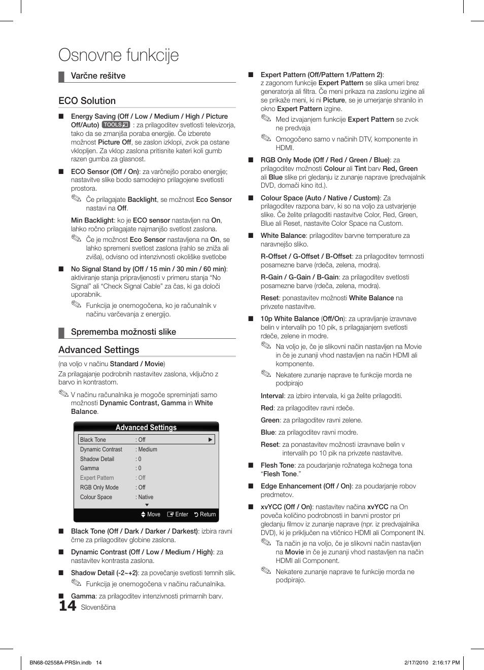 Osnovne funkcije, Eco solution, Advanced settings | Samsung LE32C652L2W User Manual | Page 230 / 326