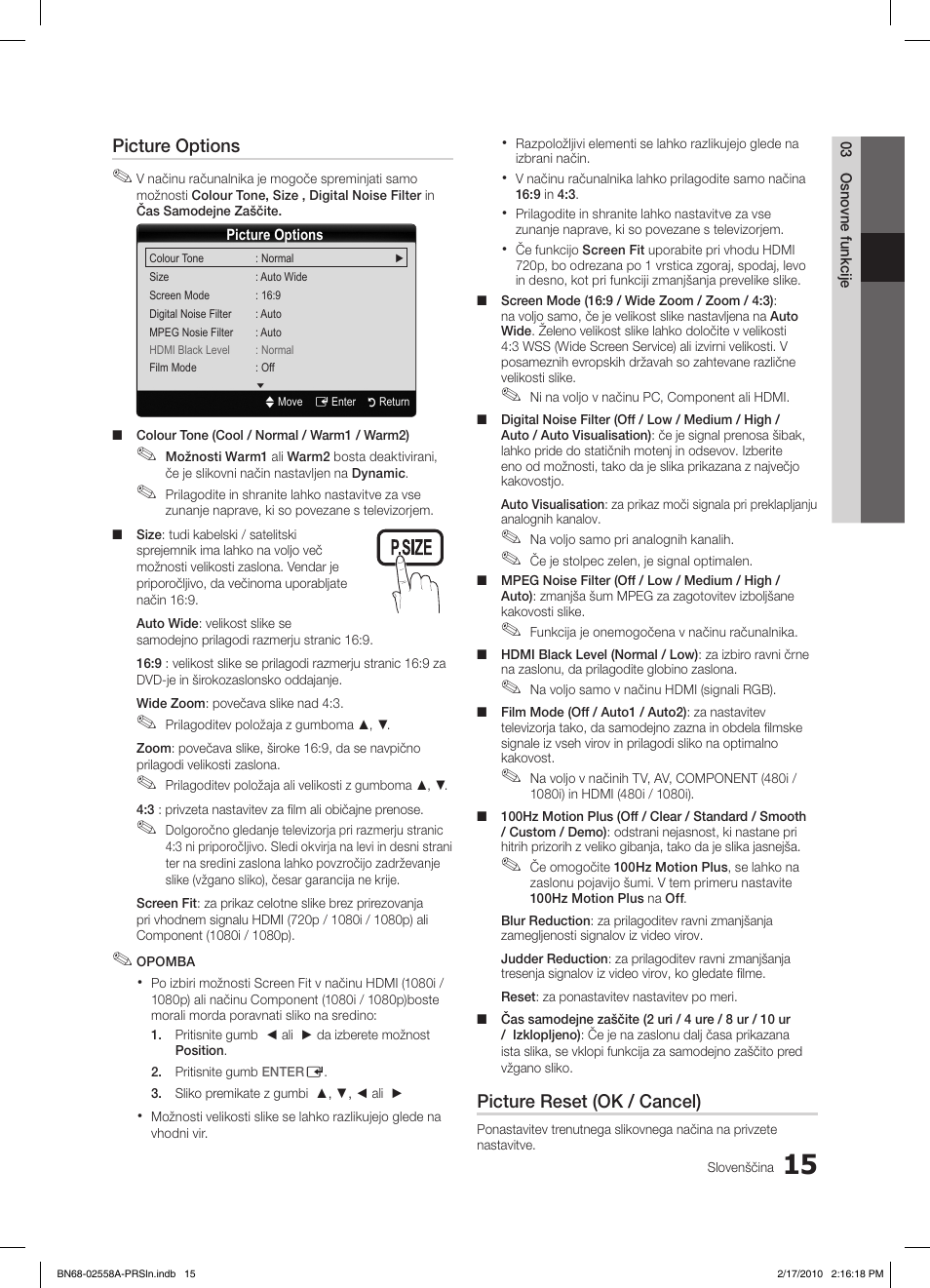 Picture options, Picture reset (ok / cancel) | Samsung LE32C652L2W User Manual | Page 231 / 326