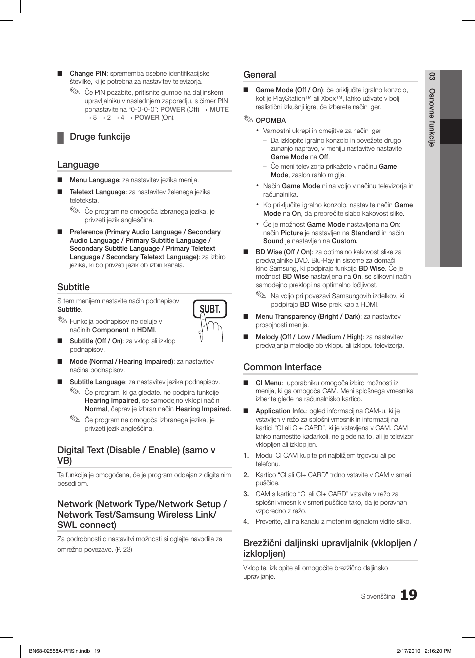 Druge funkcije ¦ language, Subtitle, Digital text (disable / enable) (samo v vb) | General, Common interface | Samsung LE32C652L2W User Manual | Page 235 / 326