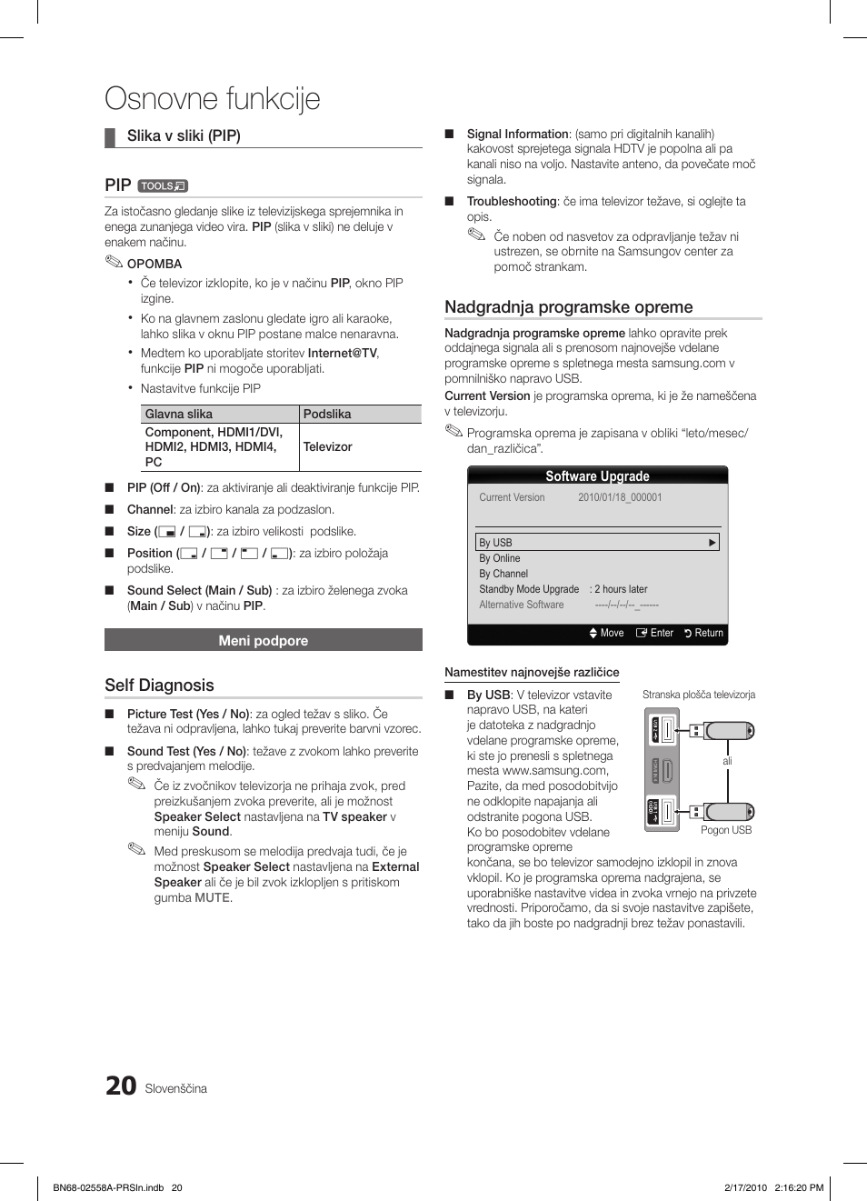 Osnovne funkcije, Self diagnosis, Nadgradnja programske opreme | Samsung LE32C652L2W User Manual | Page 236 / 326