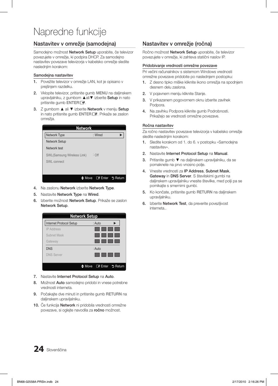 Napredne funkcije, Nastavitev v omrežje (samodejna), Nastavitev v omrežje (ročna) | Samsung LE32C652L2W User Manual | Page 240 / 326