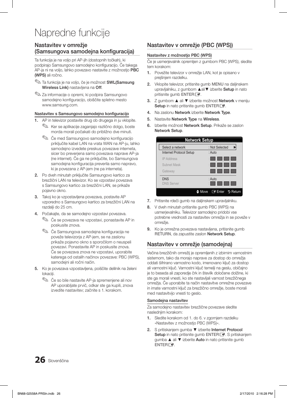 Napredne funkcije, Nastavitev v omrežje (pbc (wps)), Nastavitev v omrežje (samodejna) | Samsung LE32C652L2W User Manual | Page 242 / 326