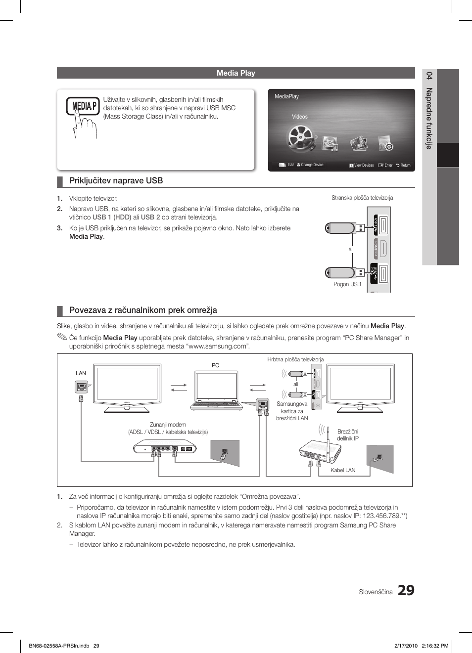 Priključitev naprave usb, Povezava z računalnikom prek omrežja | Samsung LE32C652L2W User Manual | Page 245 / 326