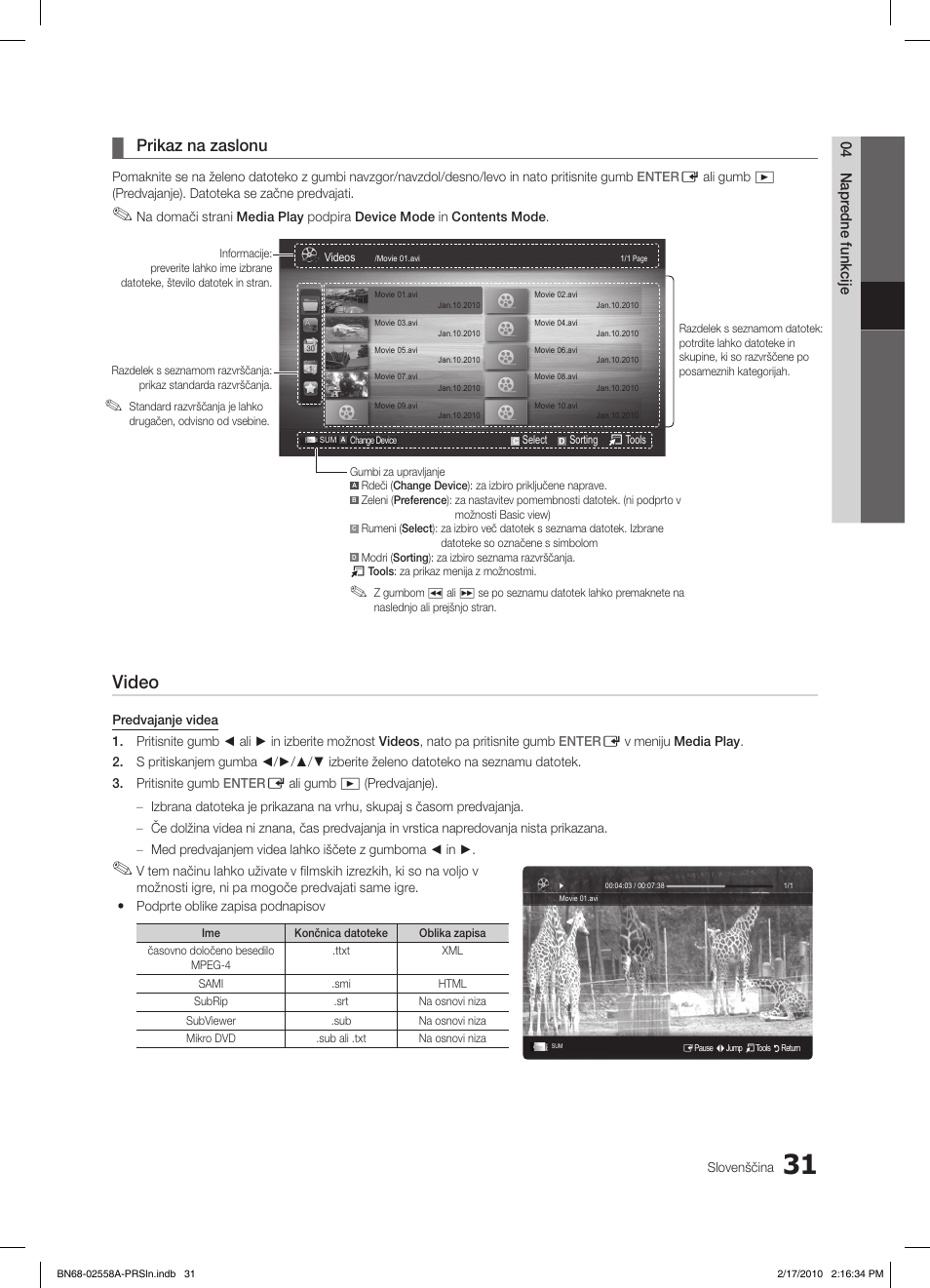 Video, Prikaz na zaslonu | Samsung LE32C652L2W User Manual | Page 247 / 326