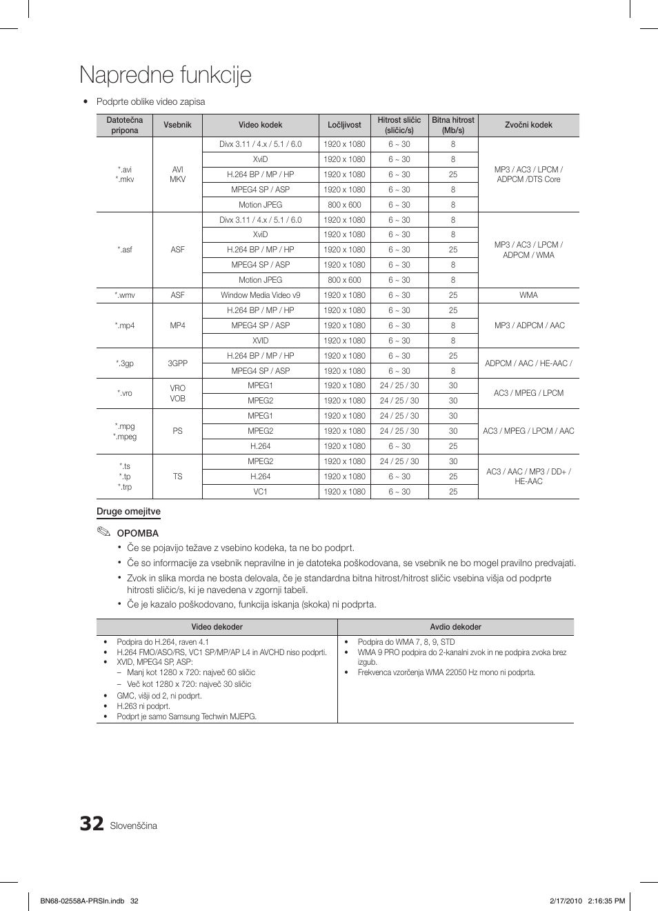 Napredne funkcije | Samsung LE32C652L2W User Manual | Page 248 / 326