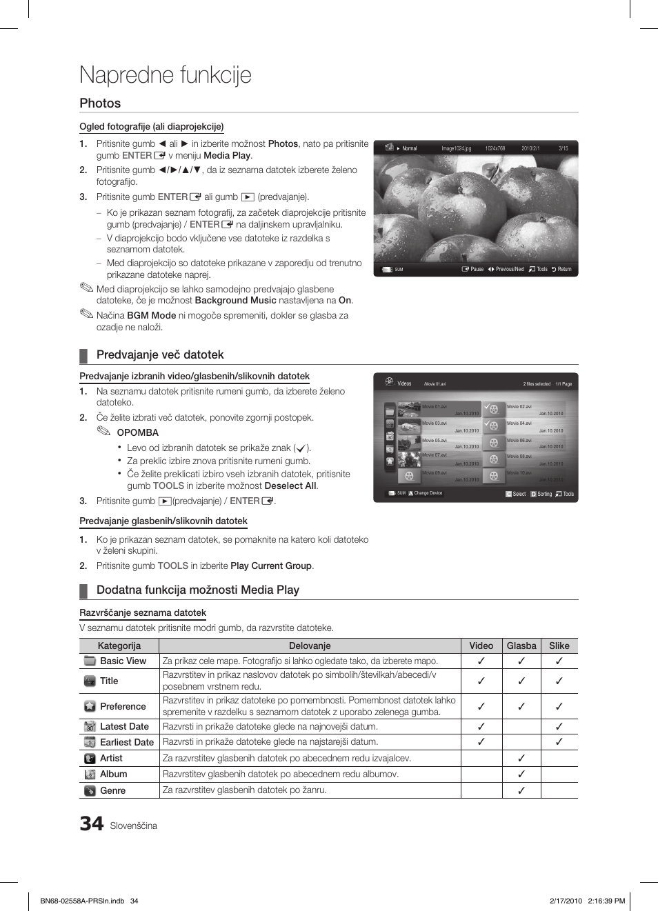 Napredne funkcije, Photos, Predvajanje več datotek | Dodatna funkcija možnosti media play | Samsung LE32C652L2W User Manual | Page 250 / 326