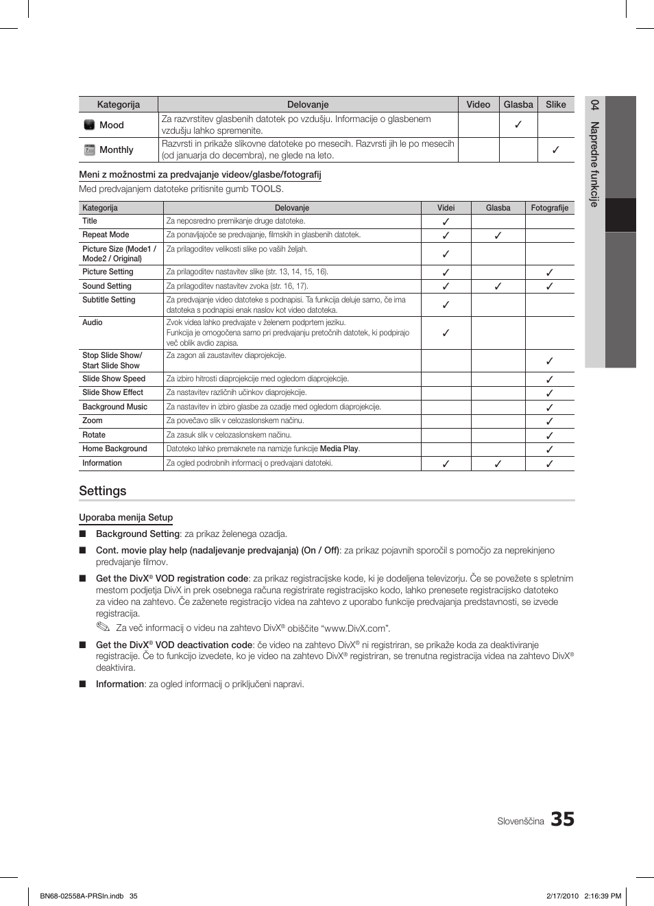 Settings | Samsung LE32C652L2W User Manual | Page 251 / 326