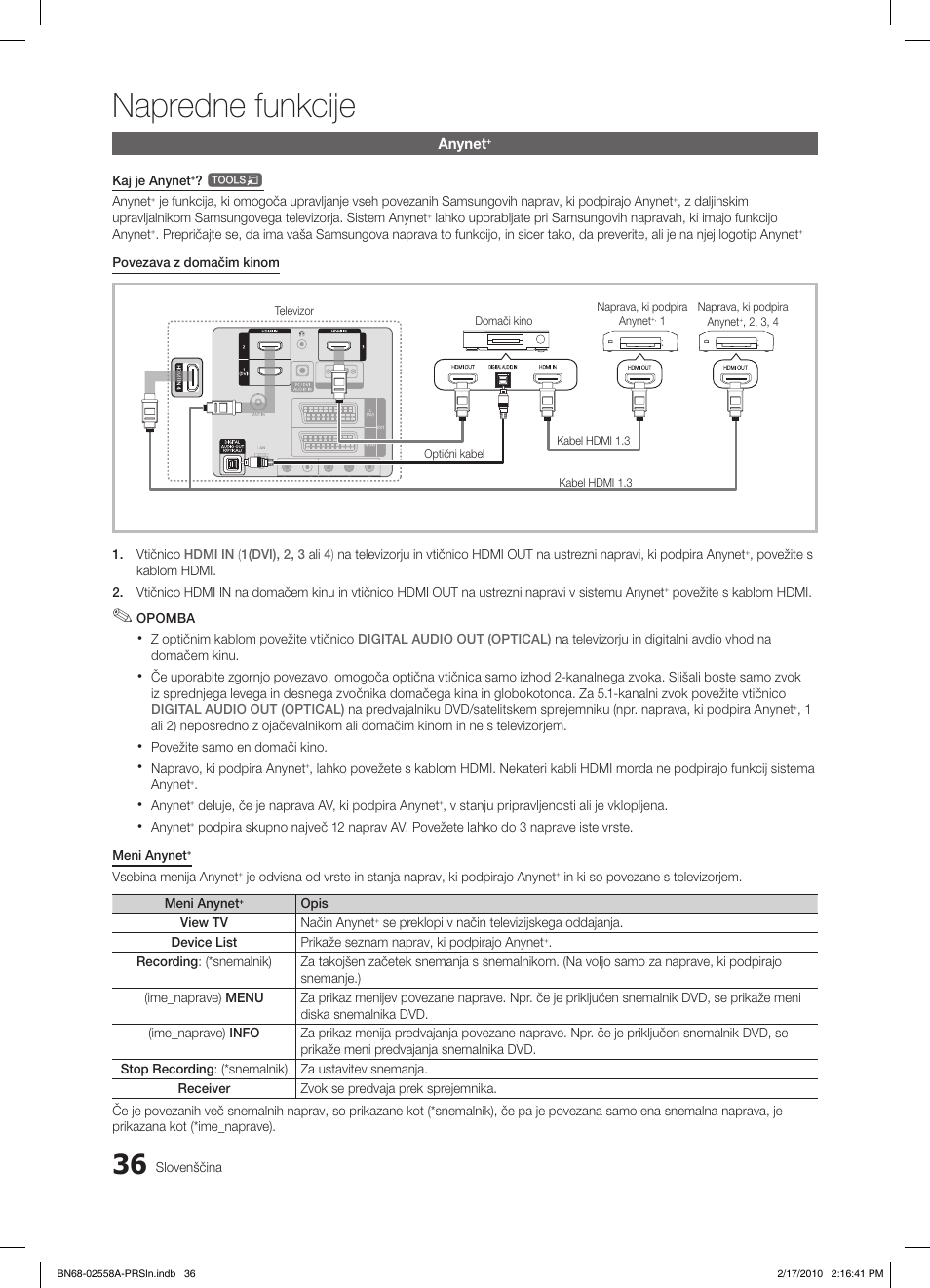 Napredne funkcije | Samsung LE32C652L2W User Manual | Page 252 / 326