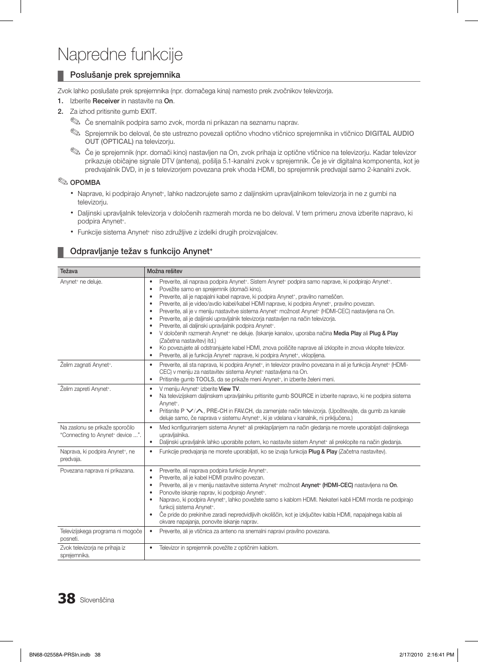 Napredne funkcije, Poslušanje prek sprejemnika, Odpravljanje težav s funkcijo anynet | Samsung LE32C652L2W User Manual | Page 254 / 326