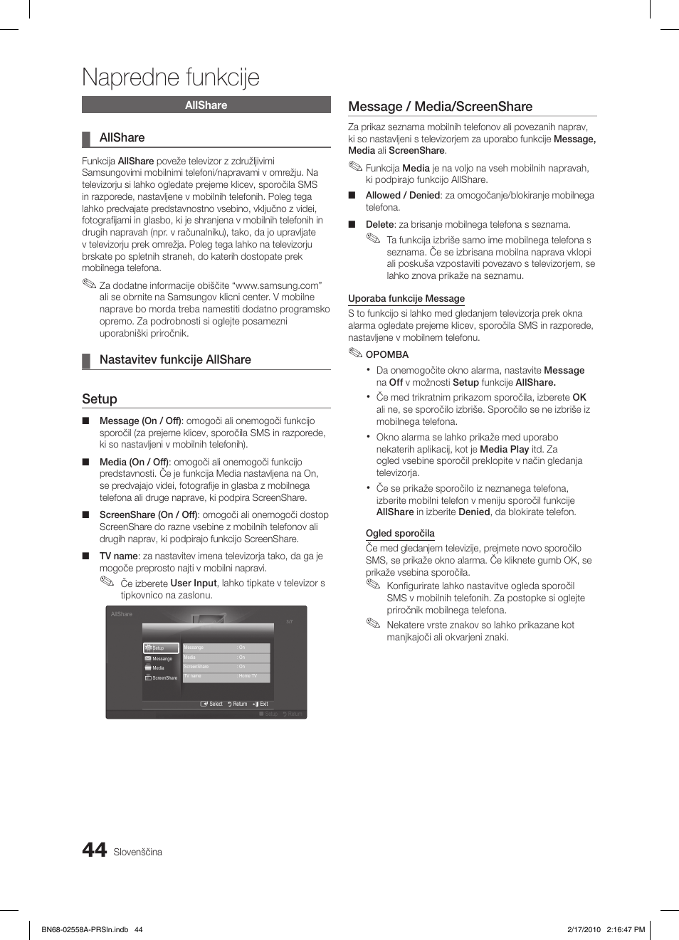 Napredne funkcije, Setup, Message / media/screenshare | Samsung LE32C652L2W User Manual | Page 260 / 326