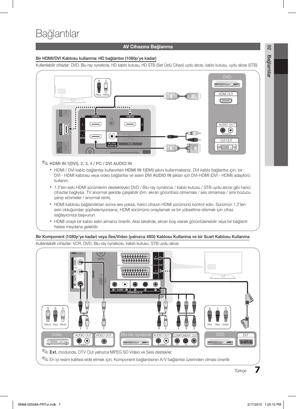 Bağlantılar, 02 bağlantılar, Av cihazına bağlanma | Türkçe, Hdmi / dvi kablo bağlantısı kullanırken, Dvd blu-ray oynatıcısı dvd video | Samsung LE32C652L2W User Manual | Page 277 / 326