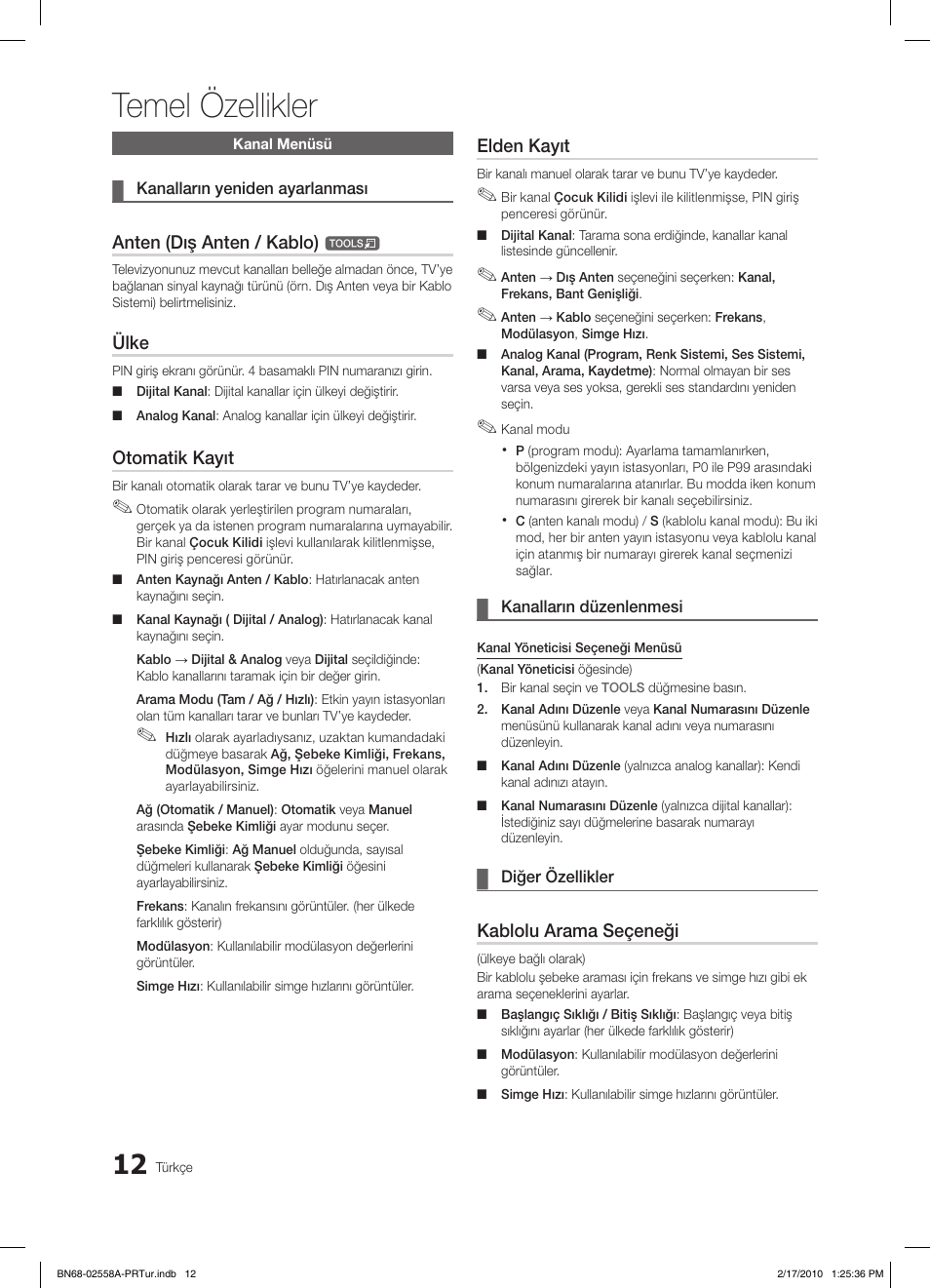 Temel özellikler, Anten (dış anten / kablo), Ülke | Otomatik kayıt, Elden kayıt, Kablolu arama seçeneği | Samsung LE32C652L2W User Manual | Page 282 / 326