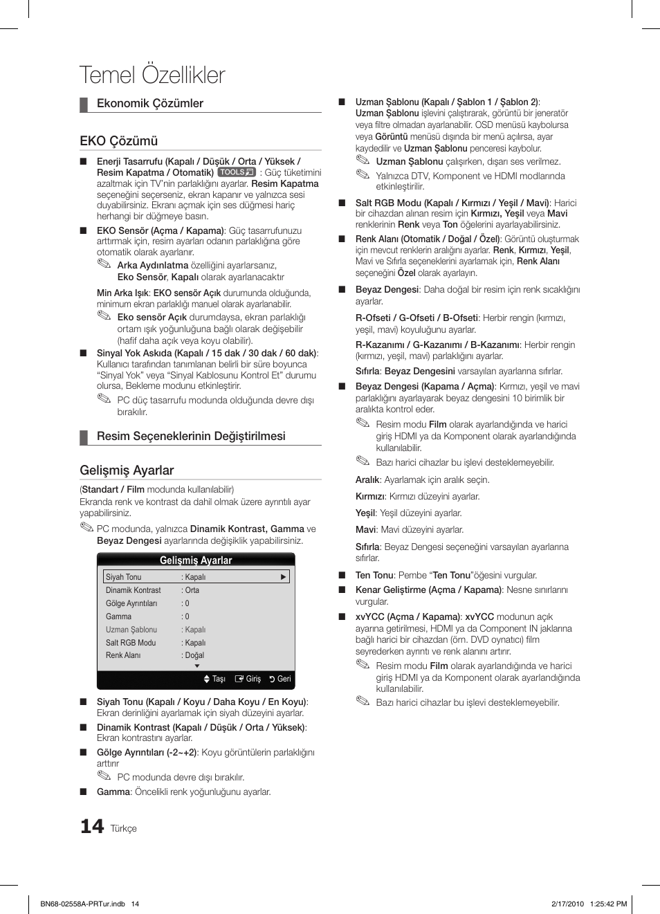 Temel özellikler, Eko çözümü, Gelişmiş ayarlar | Samsung LE32C652L2W User Manual | Page 284 / 326