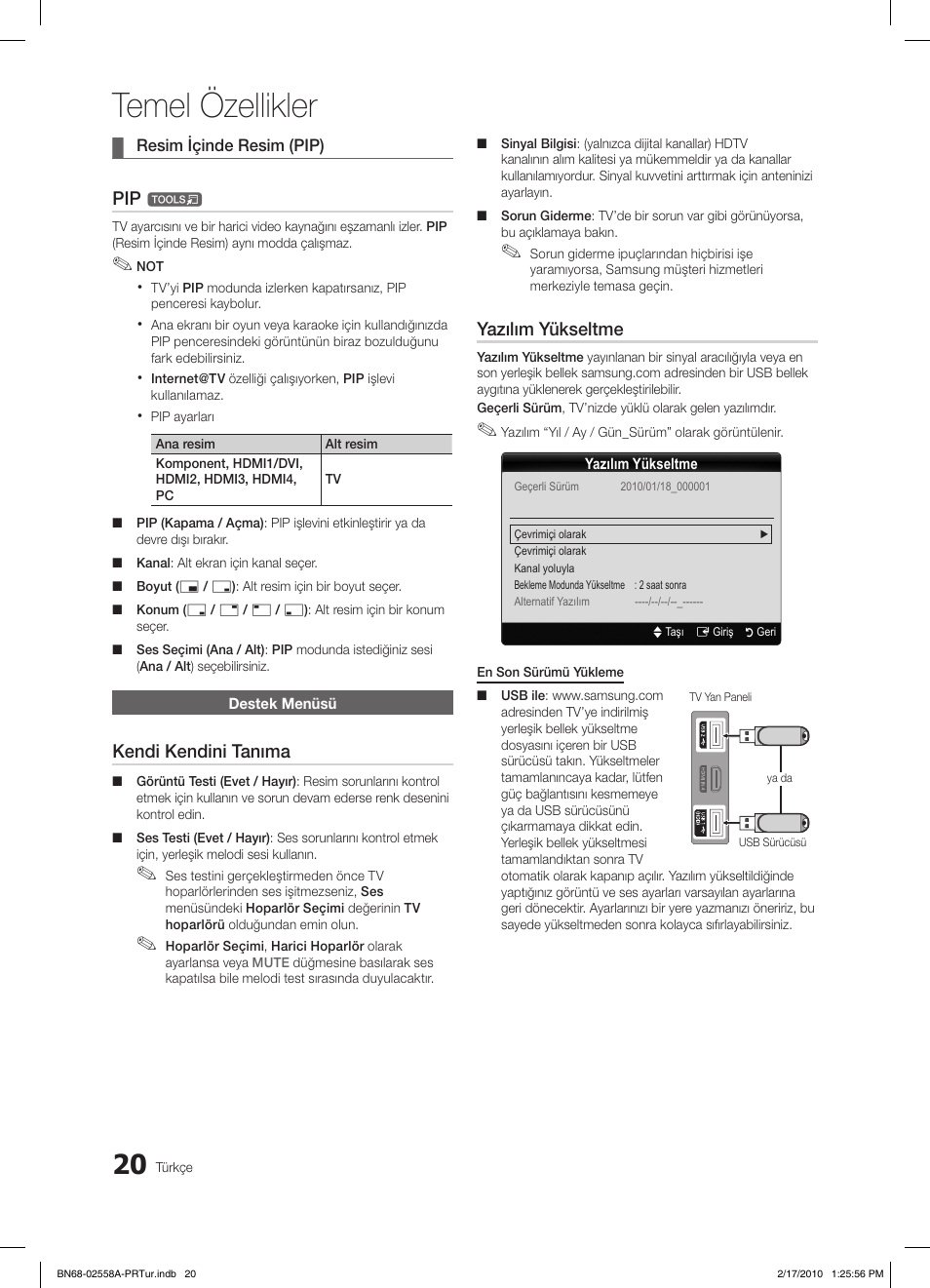 Temel özellikler, Kendi kendini tanıma, Yazılım yükseltme | Samsung LE32C652L2W User Manual | Page 290 / 326