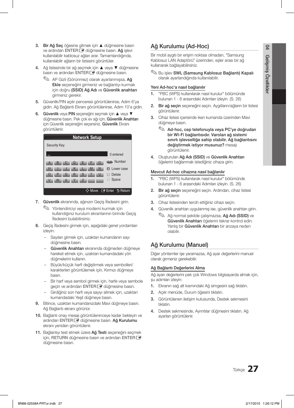 Ağ kurulumu (ad-hoc), Ağ kurulumu (manuel) | Samsung LE32C652L2W User Manual | Page 297 / 326