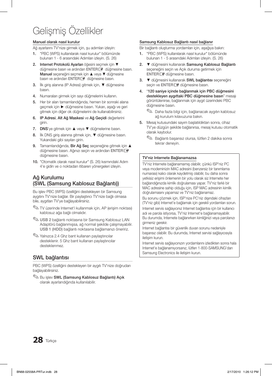Gelişmiş özellikler, Ağ kurulumu (swl (samsung kablosuz bağlantı)), Swl bağlantısı | Samsung LE32C652L2W User Manual | Page 298 / 326