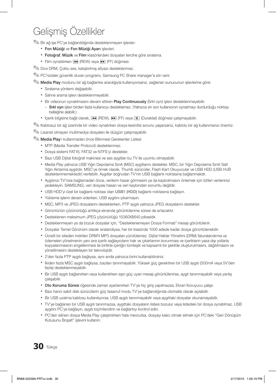 Gelişmiş özellikler | Samsung LE32C652L2W User Manual | Page 300 / 326