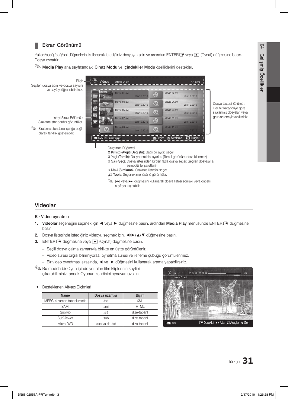 Videolar, Ekran görünümü | Samsung LE32C652L2W User Manual | Page 301 / 326