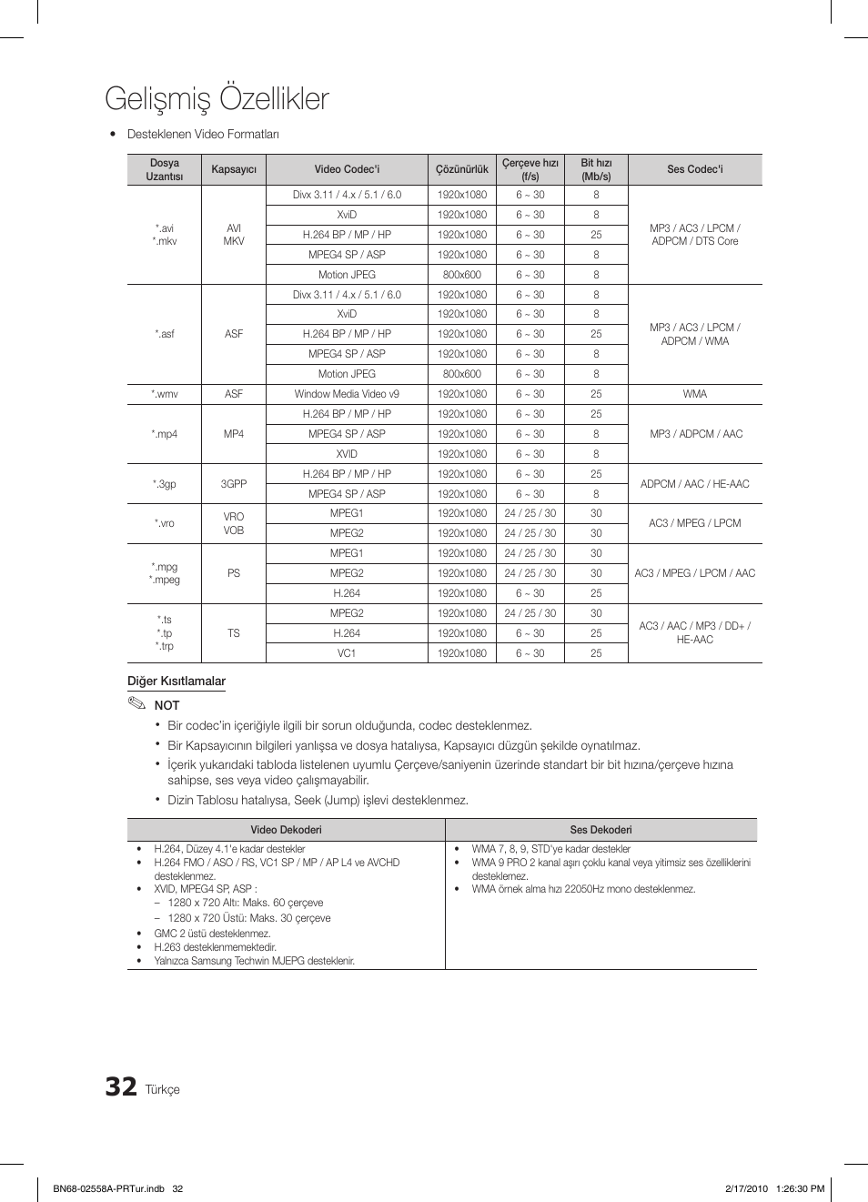 Gelişmiş özellikler | Samsung LE32C652L2W User Manual | Page 302 / 326