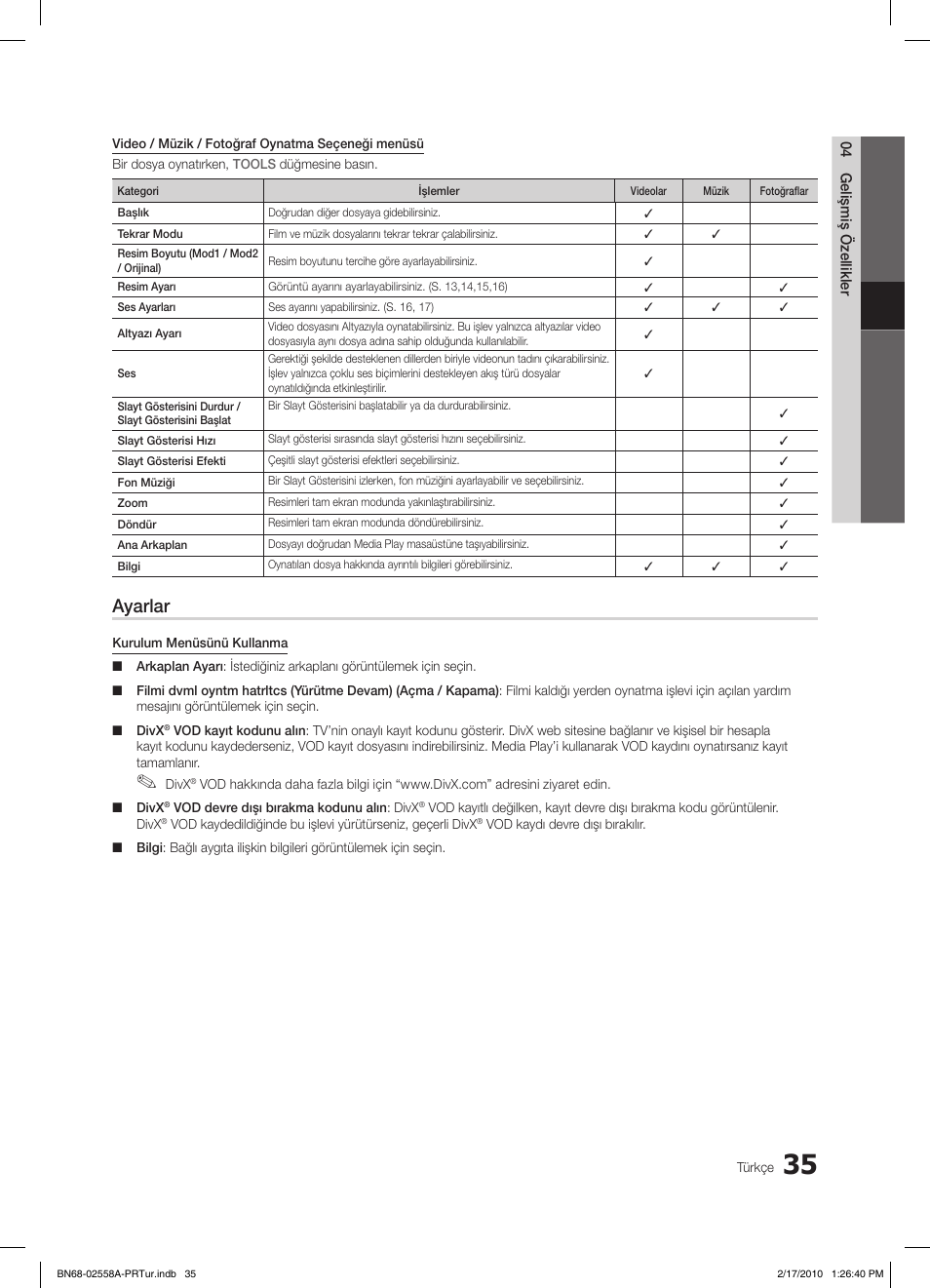 Ayarlar | Samsung LE32C652L2W User Manual | Page 305 / 326