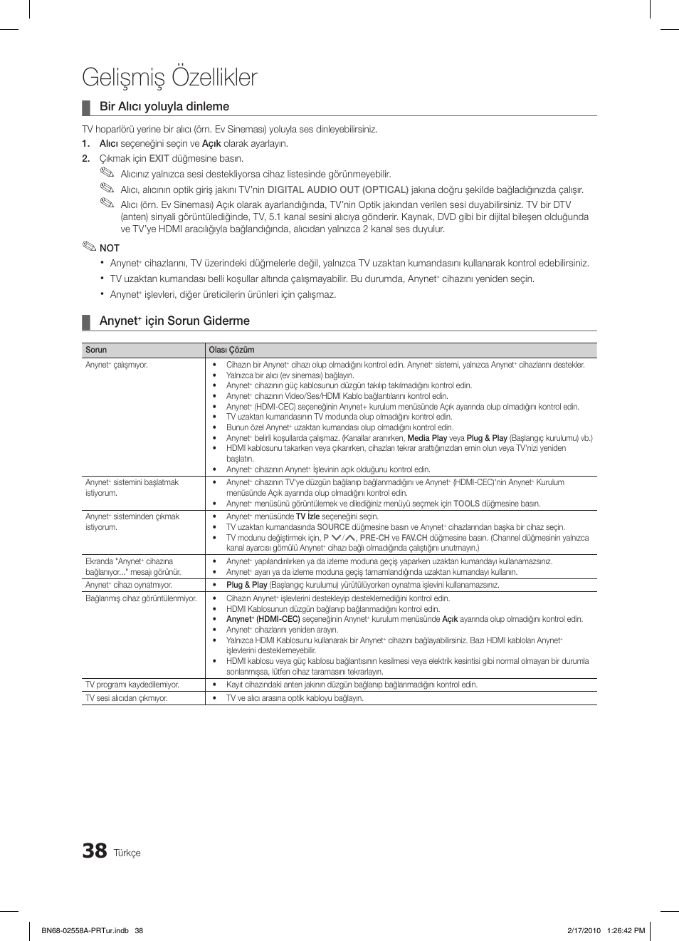 Gelişmiş özellikler, Bir alıcı yoluyla dinleme, Anynet | Için sorun giderme | Samsung LE32C652L2W User Manual | Page 308 / 326