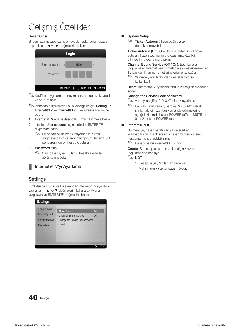 Gelişmiş özellikler, Settings | Samsung LE32C652L2W User Manual | Page 310 / 326