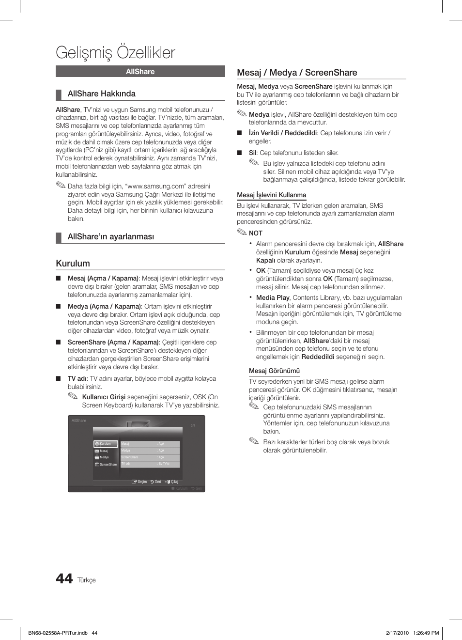 Gelişmiş özellikler, Kurulum, Mesaj / medya / screenshare | Samsung LE32C652L2W User Manual | Page 314 / 326