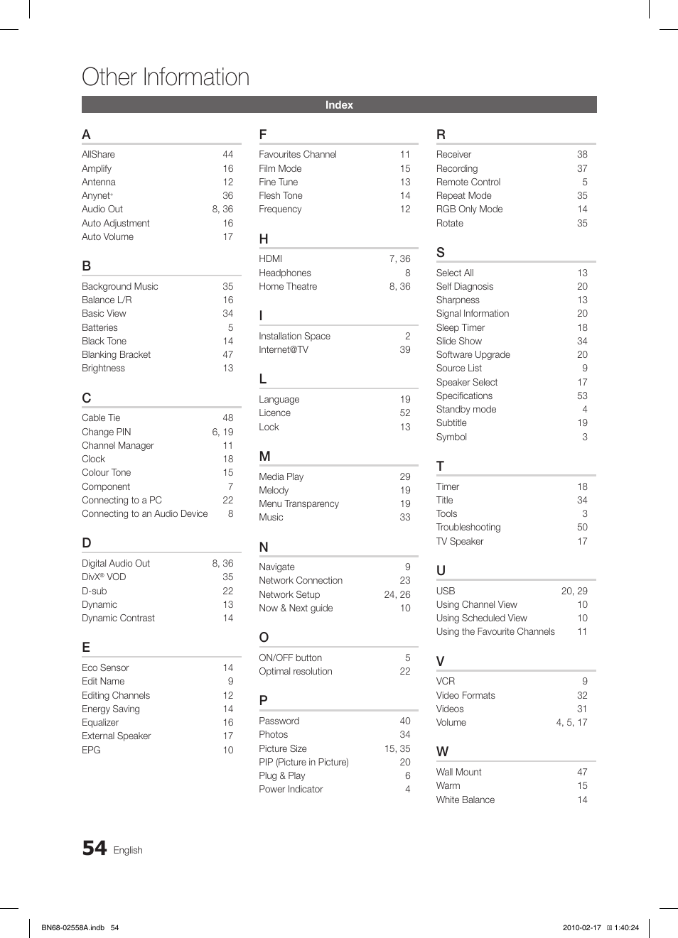 Other information | Samsung LE32C652L2W User Manual | Page 54 / 326