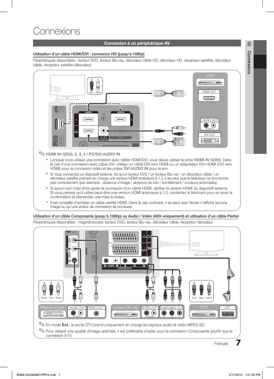 Connexions, 02 connexions, Connexion à un périphérique av | Français, Connexion a/v), Dvd lecteur blu-ray dvd magnétoscope | Samsung LE32C652L2W User Manual | Page 61 / 326