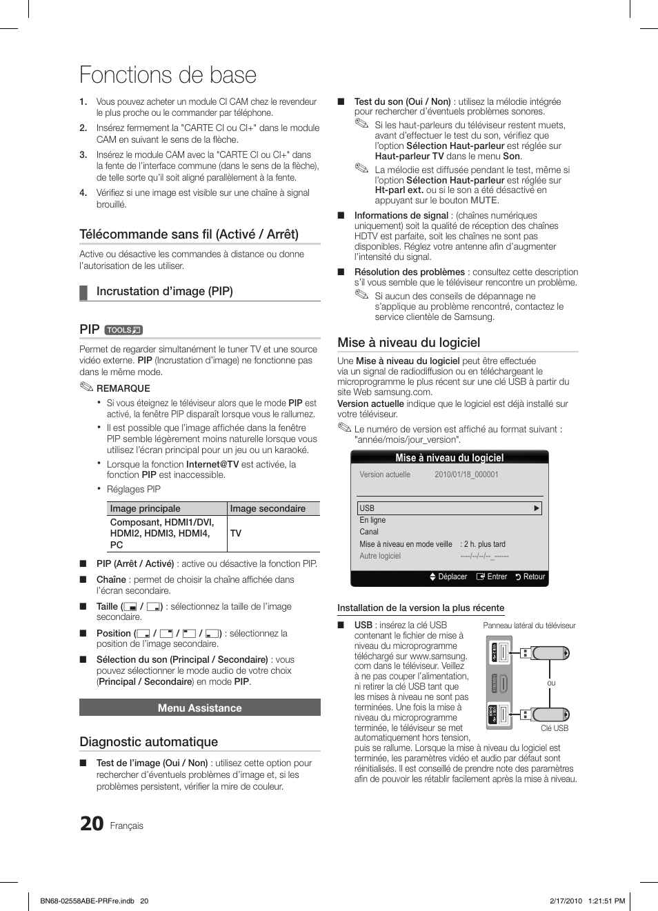 Fonctions de base, Télécommande sans fil (activé / arrêt), Diagnostic automatique | Mise à niveau du logiciel | Samsung LE32C652L2W User Manual | Page 74 / 326