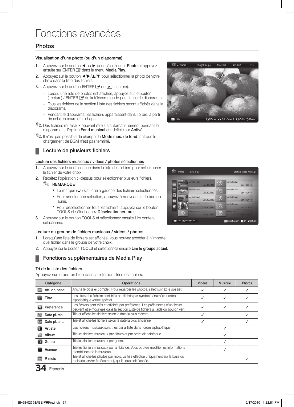 Fonctions avancées, Photos, Lecture de plusieurs fichiers | Fonctions supplémentaires de media play | Samsung LE32C652L2W User Manual | Page 88 / 326