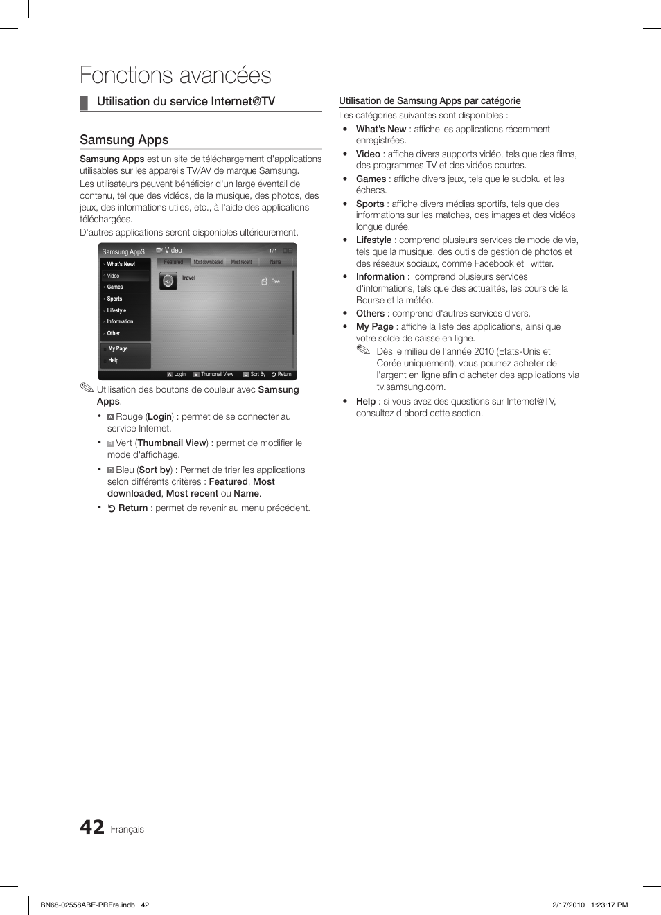 Fonctions avancées, Samsung apps, Utilisation du service internet@tv | Samsung LE32C652L2W User Manual | Page 96 / 326