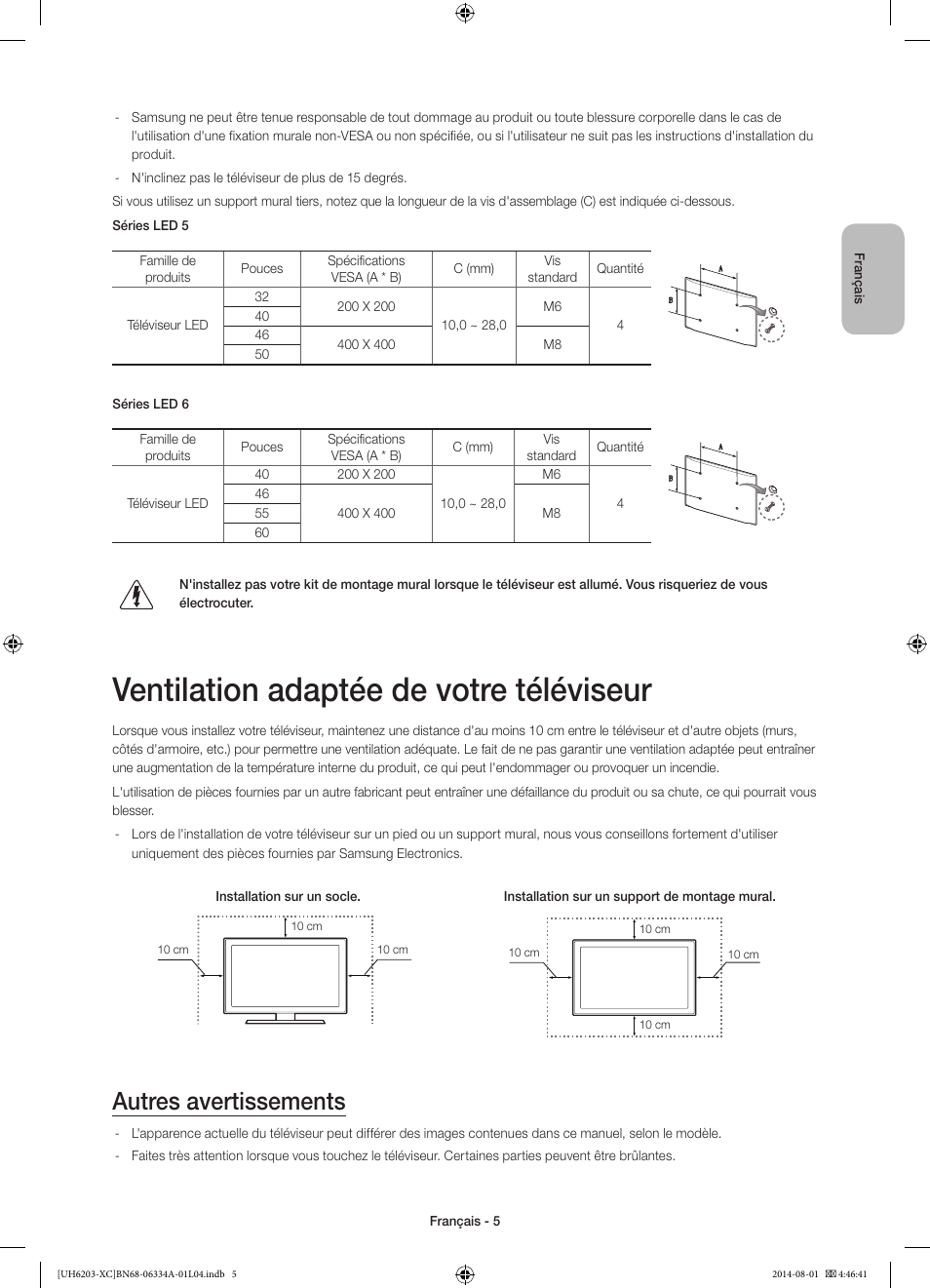 Ventilation adaptée de votre téléviseur, Autres avertissements | Samsung UE40H5303AW User Manual | Page 25 / 82