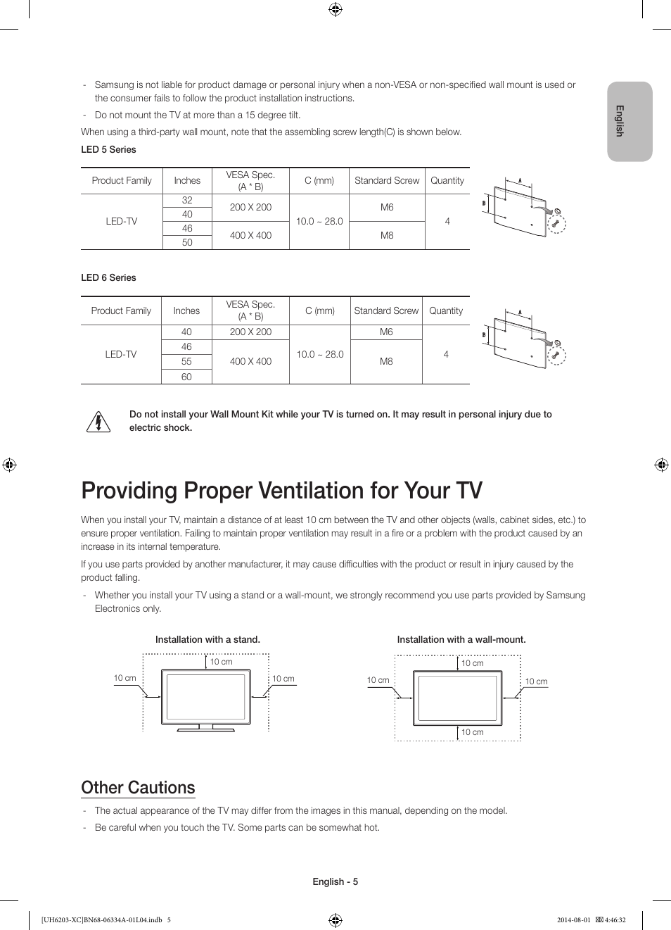 Providing proper ventilation for your tv, Other cautions | Samsung UE40H5303AW User Manual | Page 5 / 82
