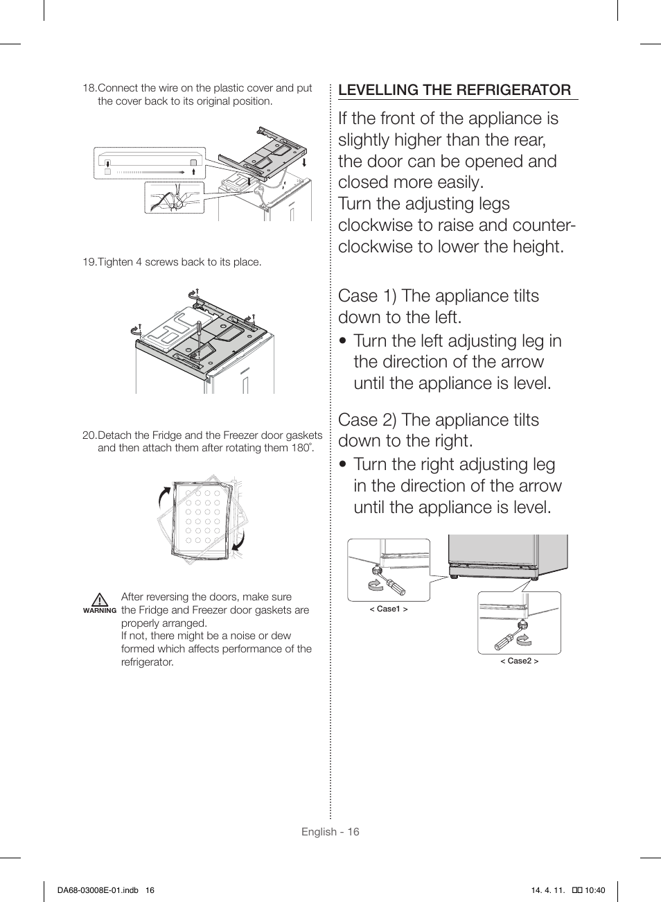 Levelling the refrigerator | Samsung RR35H6000SS User Manual | Page 16 / 132